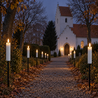 Grå LED-fakler på spyd langs en allé op mod en hvid kirke i skumringen